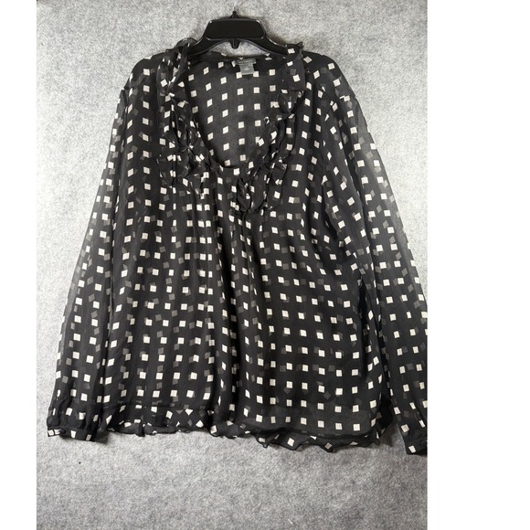 Ann Taylor Tops - Ann Taylor Black White Geometric Square Print Ruffle Neck Blouse Top Size 14